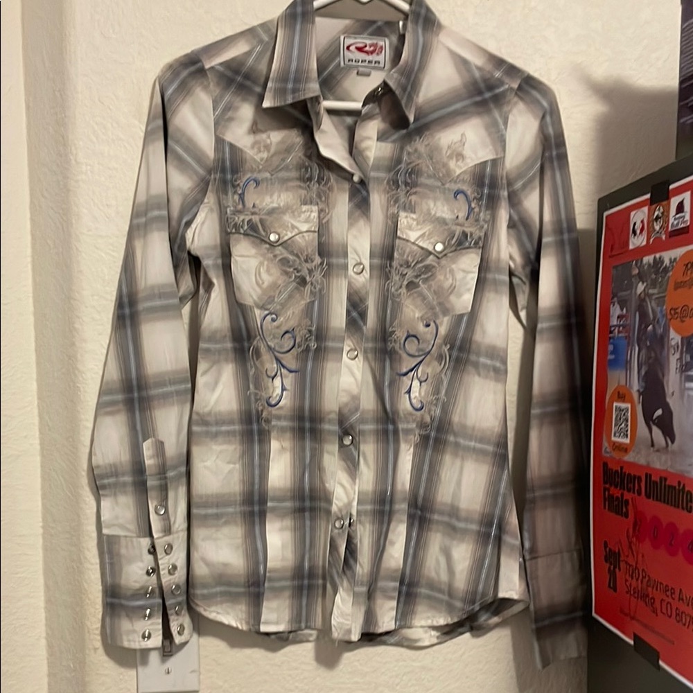 Plaid Button-Up Shirt with Embroidery